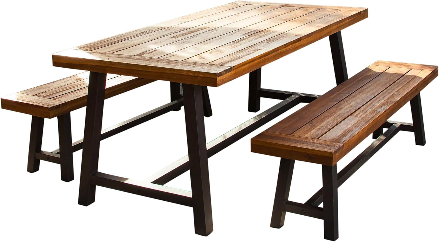 Bowman Wood Outdoor Picnic Table Set | Perfect for Dining, Brown + Black Rustic Metal