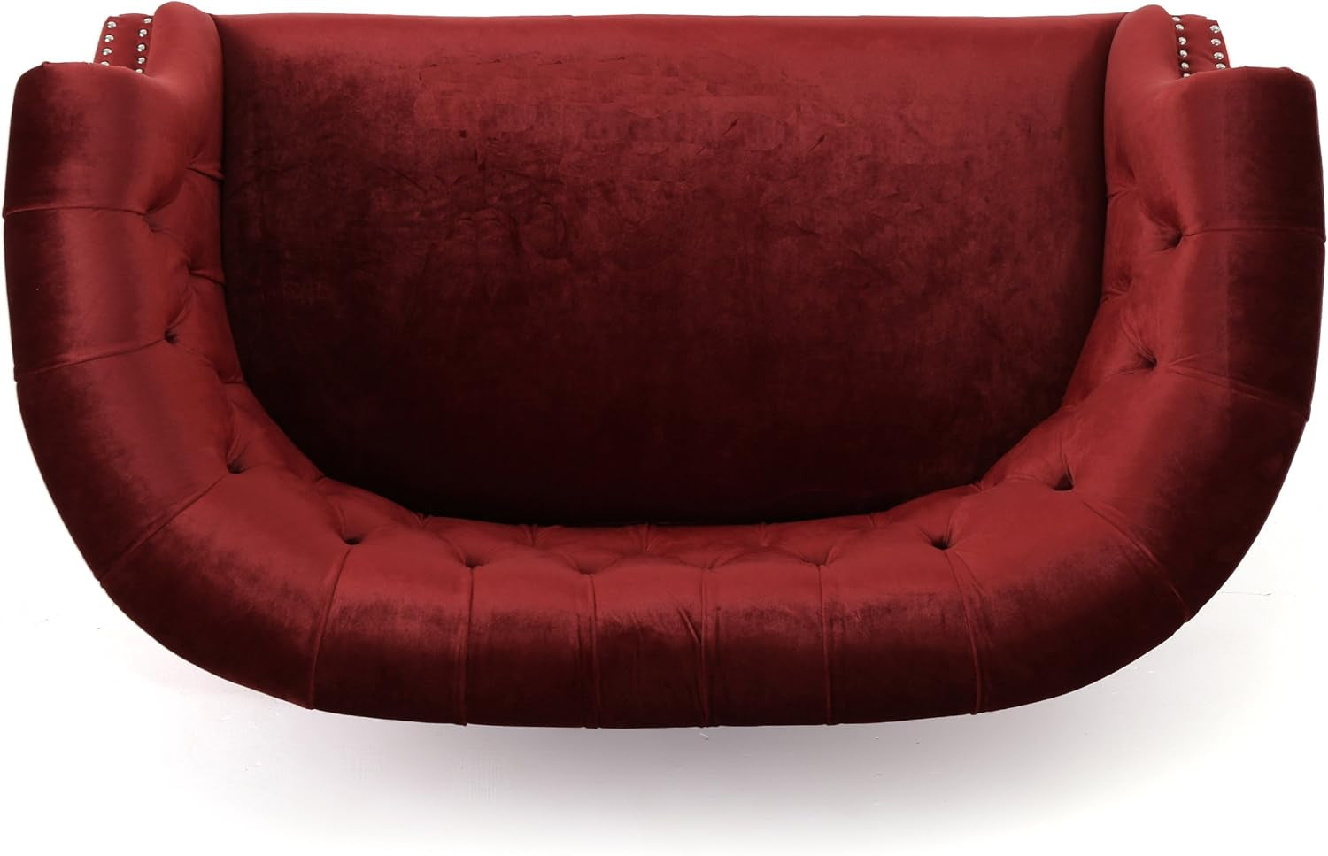 Melaina Tufted Chesterfield Velvet Loveseat with Scrolled Arms, Garnet and Dark Brown