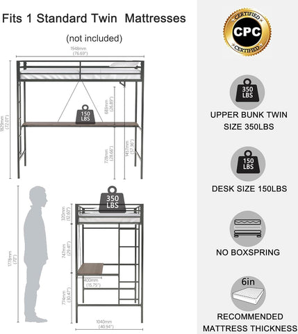 Adam Twin Loft Bunk with Cinnamon Wood Desk and Closet Rod, Black