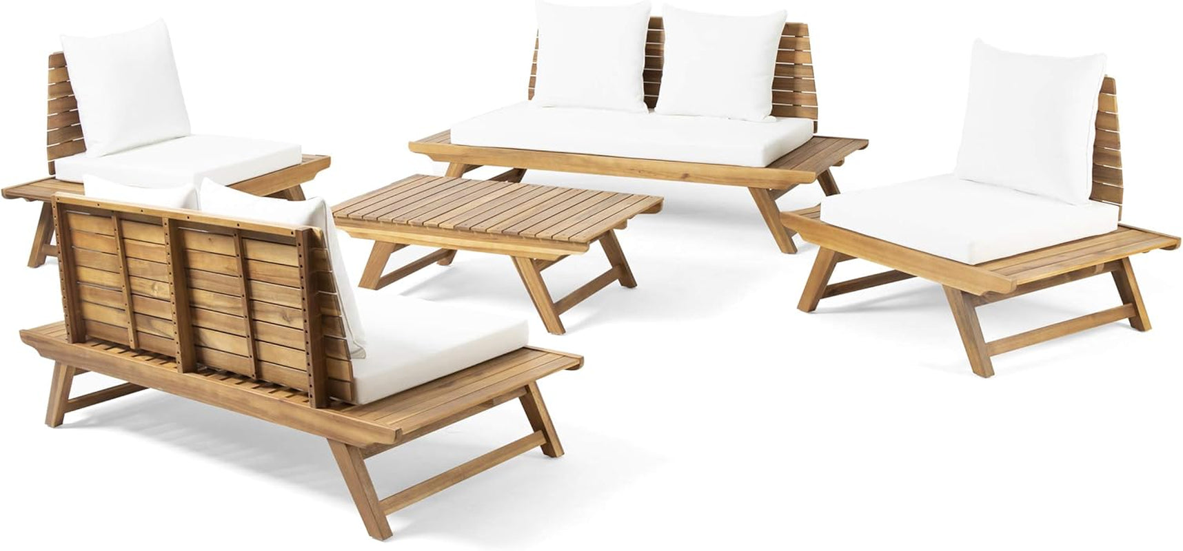 Sedona Outdoor Acacia Wood 6 Seater Chair Loveseat Cushions Chat Patio Furniture Conversation Sets with Coffee Table, 37 "W X 28.25 "D X 29.5 "H, Teak + White