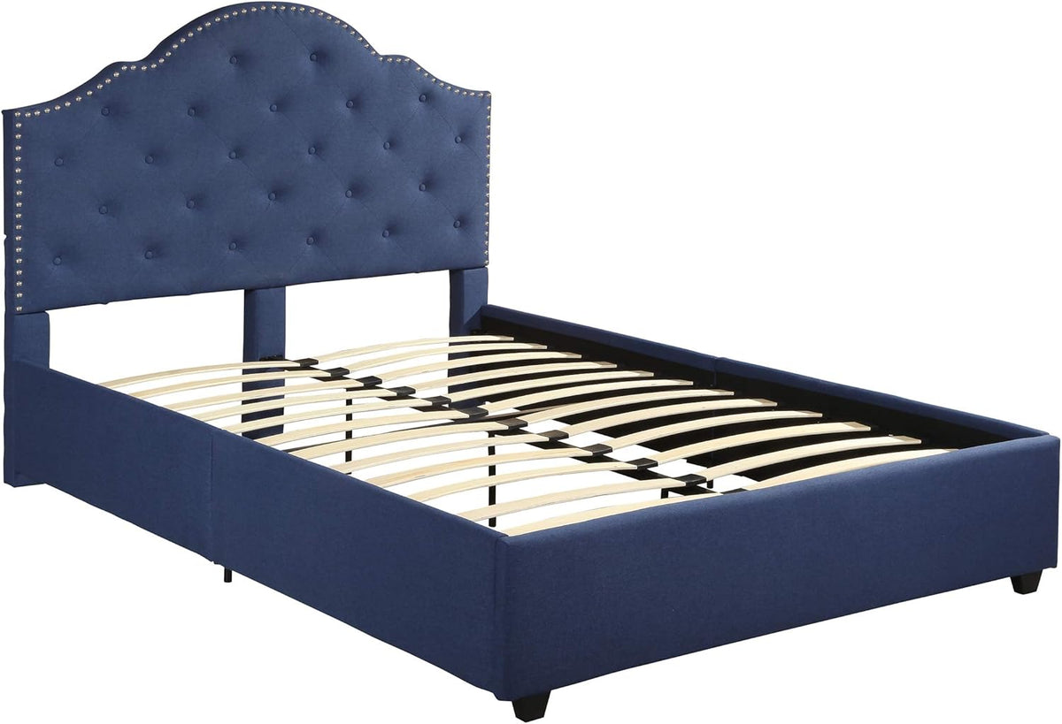 Gentry Queen-Size Bed Frame Fully-Upholstered Button-Tufted Navy Blue