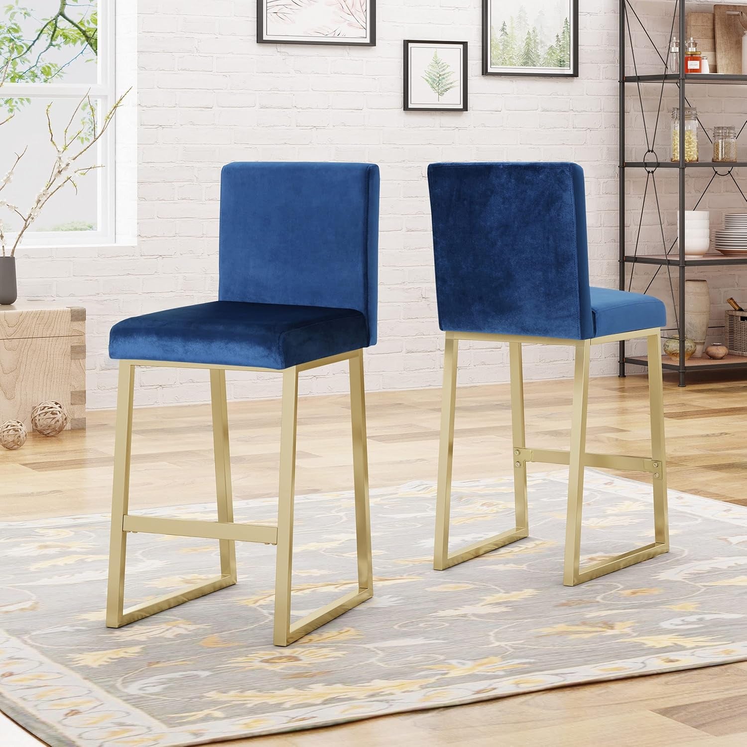 Christopher Knight Home Lexi Modern Velvet Barstools, Navy Blue and Brass (Set of 2)