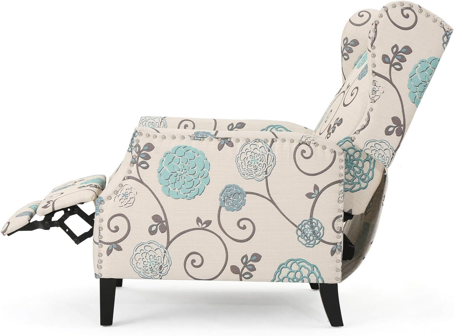 Ellyn Fabric Recliner (Set of 2), Light Beige with Blue Floral, Dark Brown