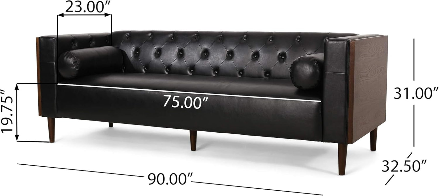 Solomon Contemporary Tufted Deep Seated Sofa with Accent Pillows, Midnight Black and Espresso