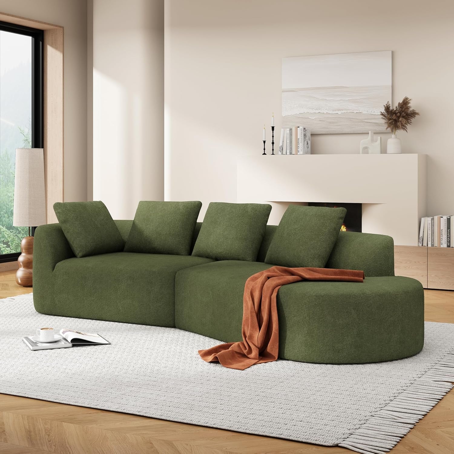 Randa Modern Fabric Upholstered 5-Seater Sofa, Oversized Chair Cloud Couch, Fully Assembled Long Sofa Chaise Lounge, Fully Assembled, Olive Green