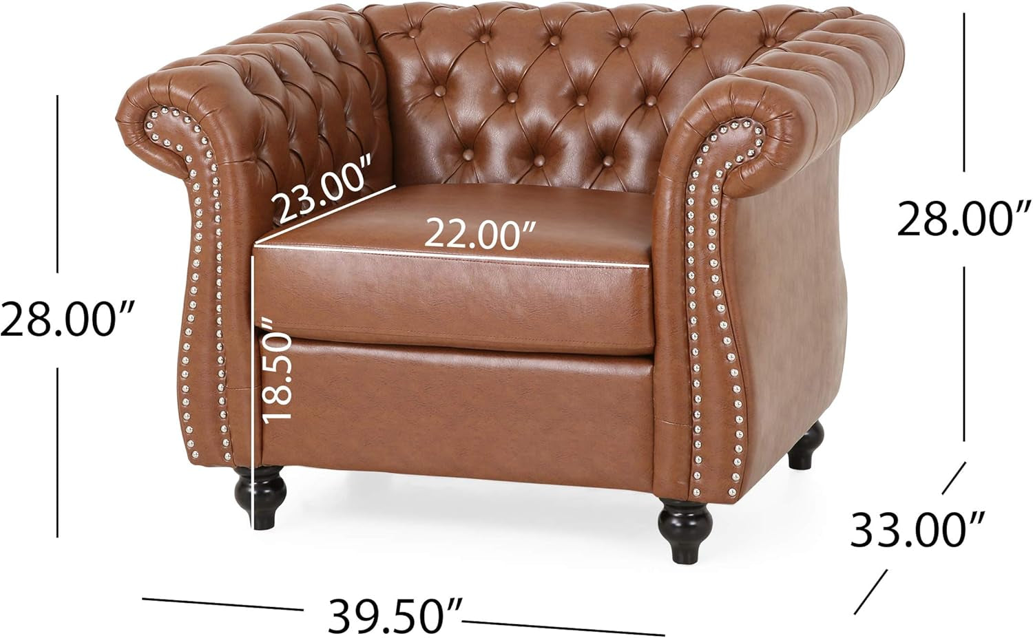 Stephanie Traditional Chesterfield 3 Piece Living Room Set, Cognac Brown, Dark Brown