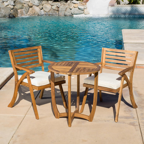 Baia Outdoor Acacia Wood 3 Piece Bistro Set with Cushion, Teak and Cream