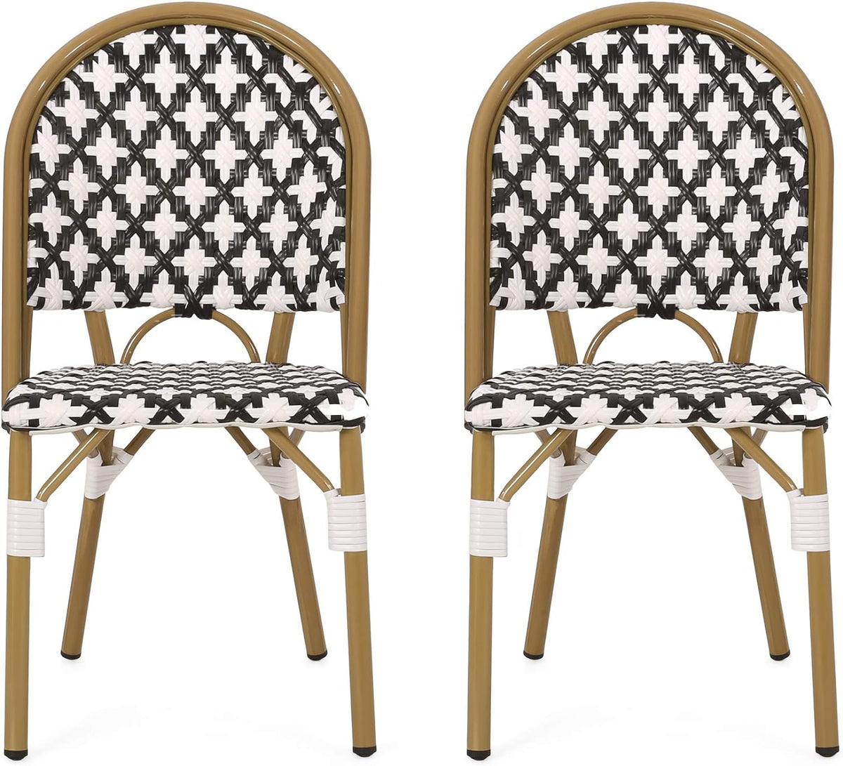 Anastasia Outdoor French Bistro Chair (Set of 2), Black + White + Bamboo Print Finish