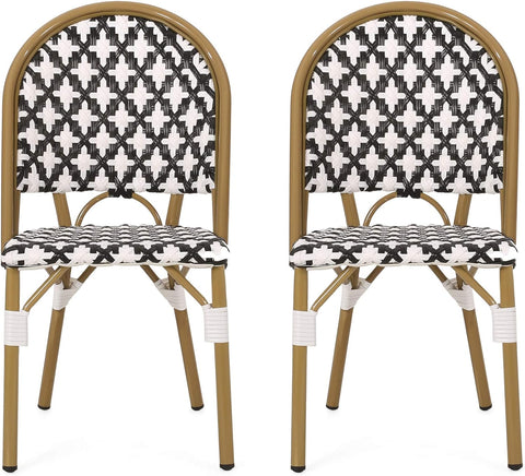 Anastasia Outdoor French Bistro Chair (Set of 2), Black + White + Bamboo Print Finish