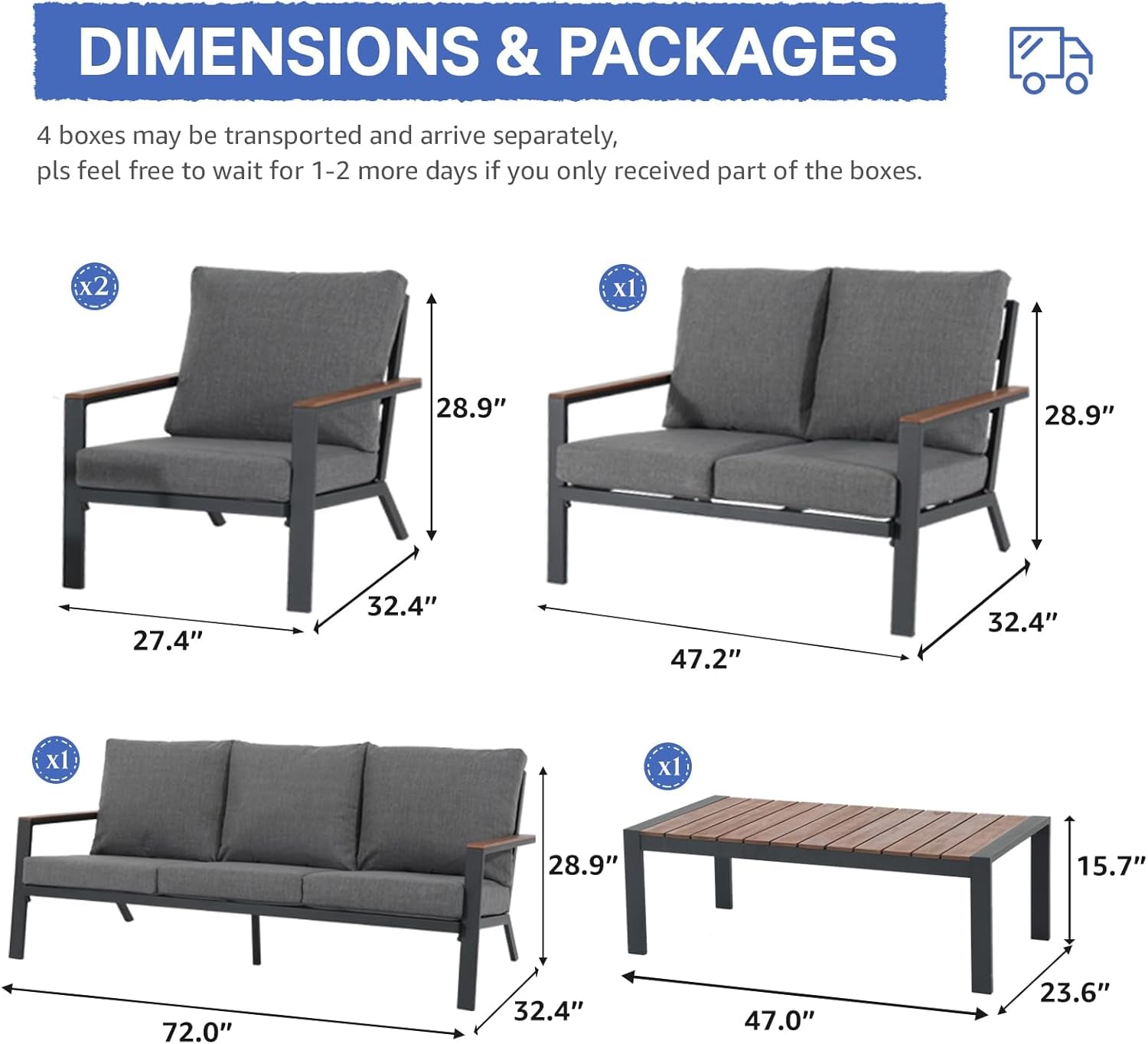 Aluminum Patio Furniture Set with FSC Certified Solid Wood Top Armrest & Coffee Table, Outdoor Deep Seating Sectional Sofa, 5 Piece Conversation Sets W/Removable Cushion, Dark Grey