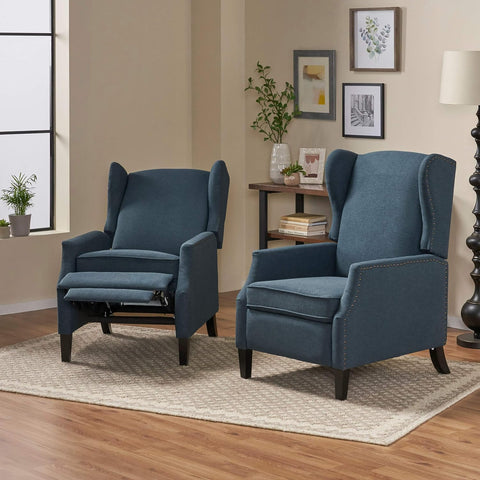 Ellyn Fabric Recliner (Set of 2), Navy Blue, Dark Brown