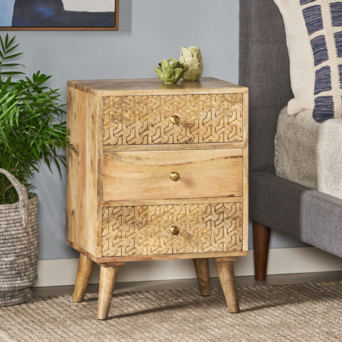 Lytle Boho Mango Wood 3-Drawer Nightstand By