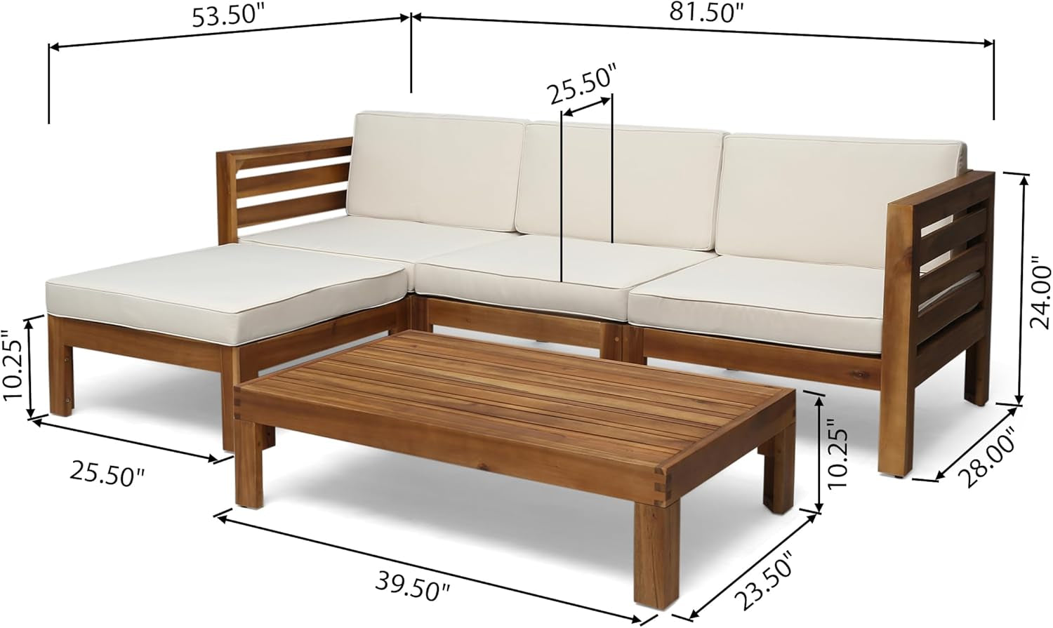 Alice Outdoor 5 Piece Acacia Wood Sofa Set, Teak Finish, Beige