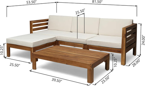 Alice Outdoor 5 Piece Acacia Wood Sofa Set, Teak Finish, Beige