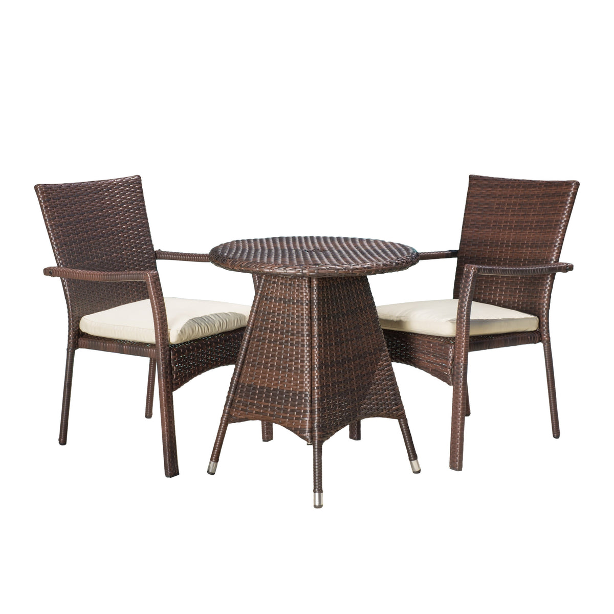 Polmer Outdoor Wicker 3 Piece Bistro Set with Cushion, Multibrown and Cream