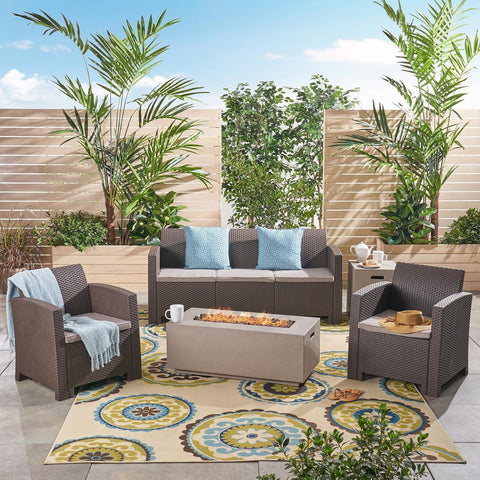 Mercier Outdoor 5-Seater Wicker Print Chat Set with Fire Pit and Tank Holder, 26.5 "W X 26 "D X 30 "H, Brown + Mixed Beige + Light Gray