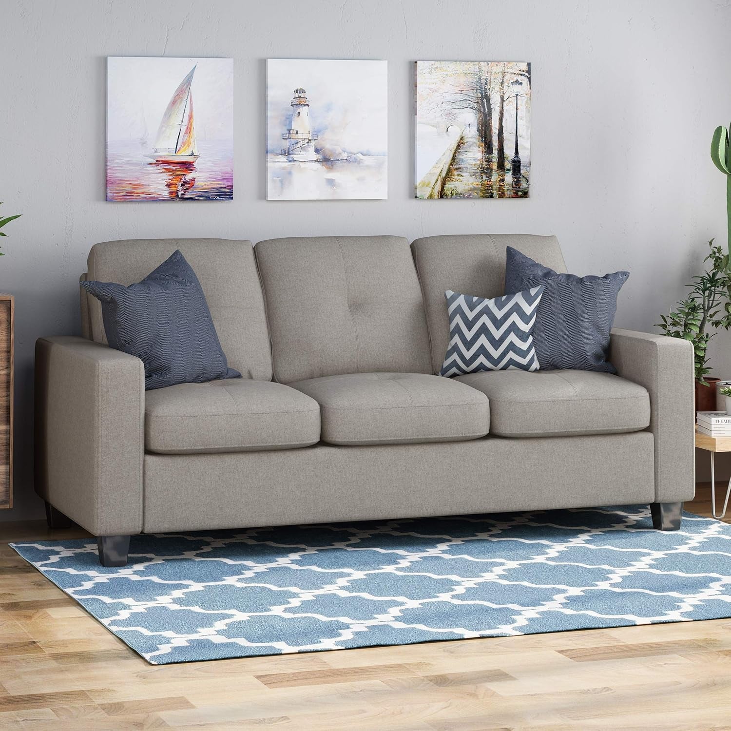 Viviana Three Seater Sofa with Wood Legs, Beige and Natural Finish