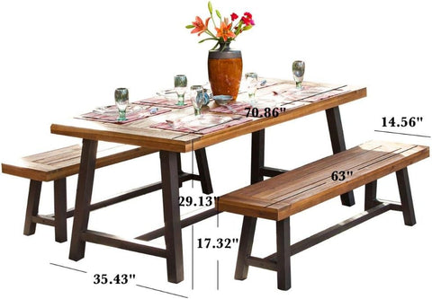 Bowman Wood Outdoor Picnic Table Set | Perfect for Dining, Brown + Black Rustic Metal