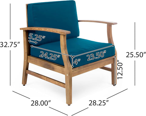 Perla Outdoor 2 Seater Acacia Wood Bistro Set with Cushions, 28.25 "W X 28 "D X 32.75 "H, Teak + Blue