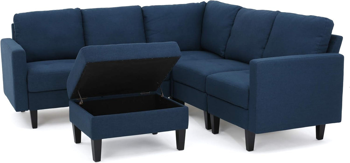 Zahra Fabric Sectional Couch with Storage Ottoman, 6-Pcs Set, Dark Blue