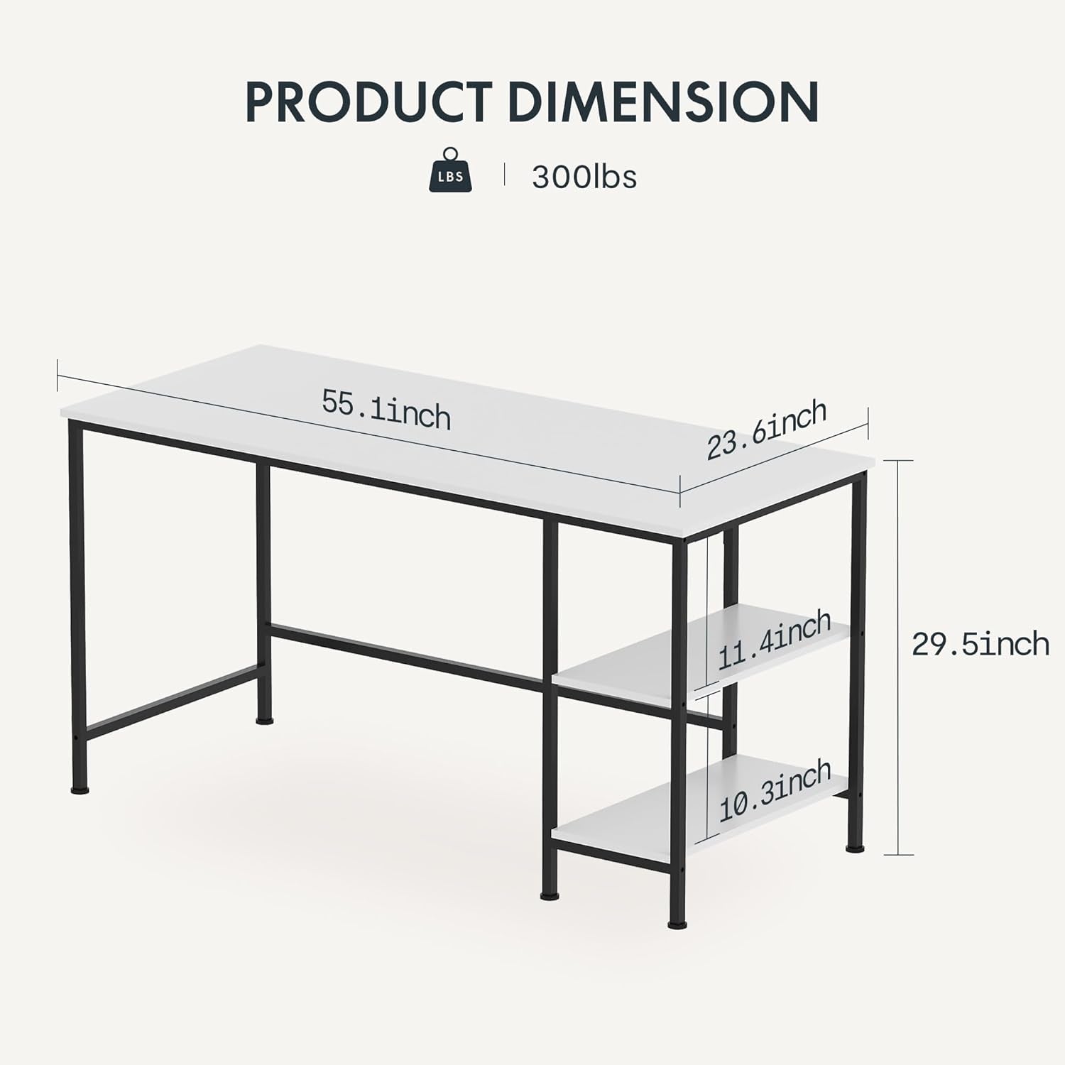 55 Inch Computer Desk with 2-Tier Shelf, Home Office Desk with Wood Table and Metal Frame, White