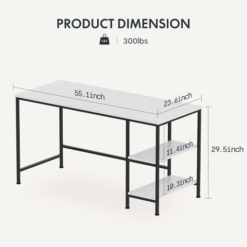 55 Inch Computer Desk with 2-Tier Shelf, Home Office Desk with Wood Table and Metal Frame, White