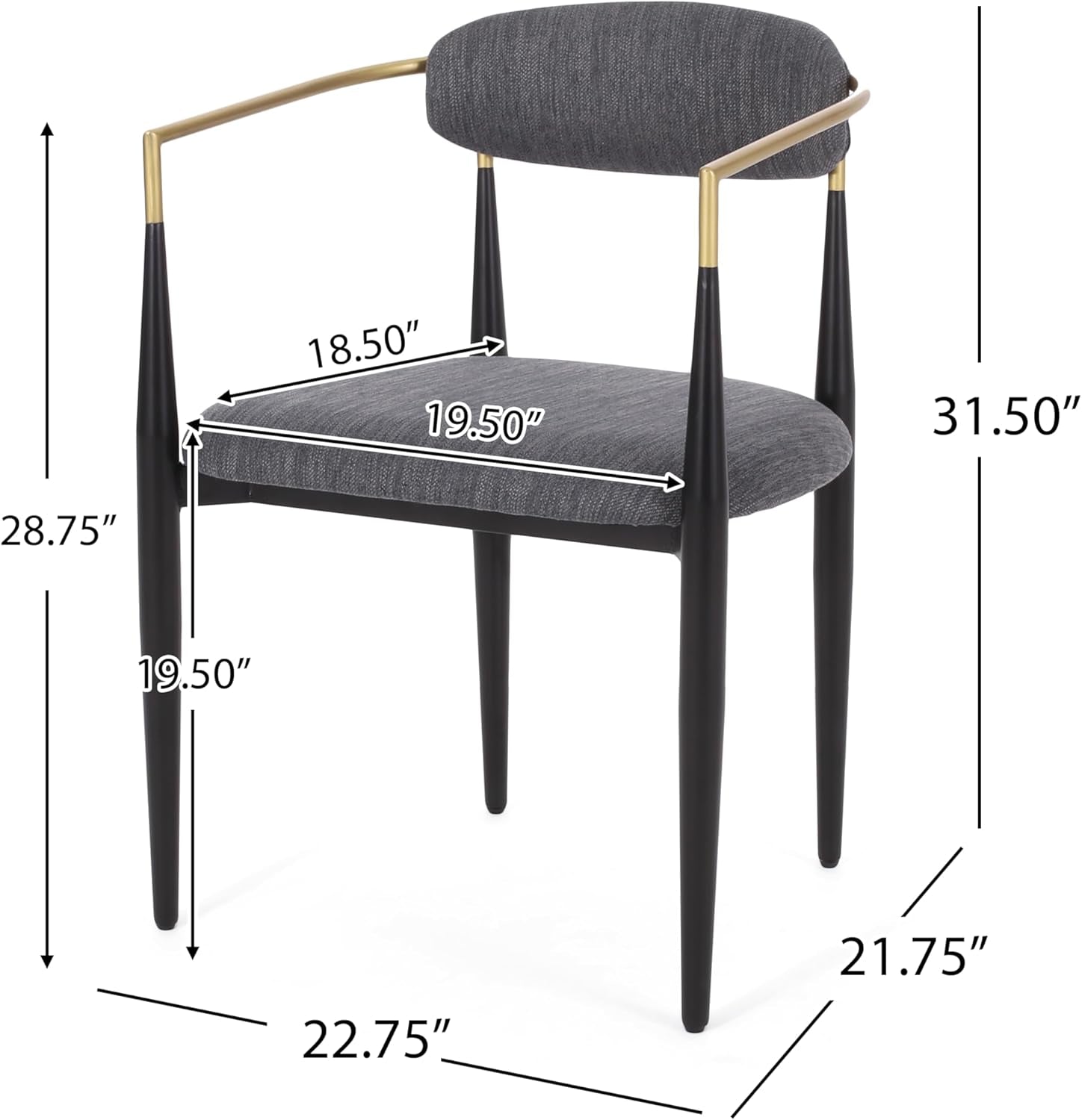 Elmore Dining Chair, 22.75 "W X 21.75 "D X 31.5 "H, Charcoal + Black + Gold