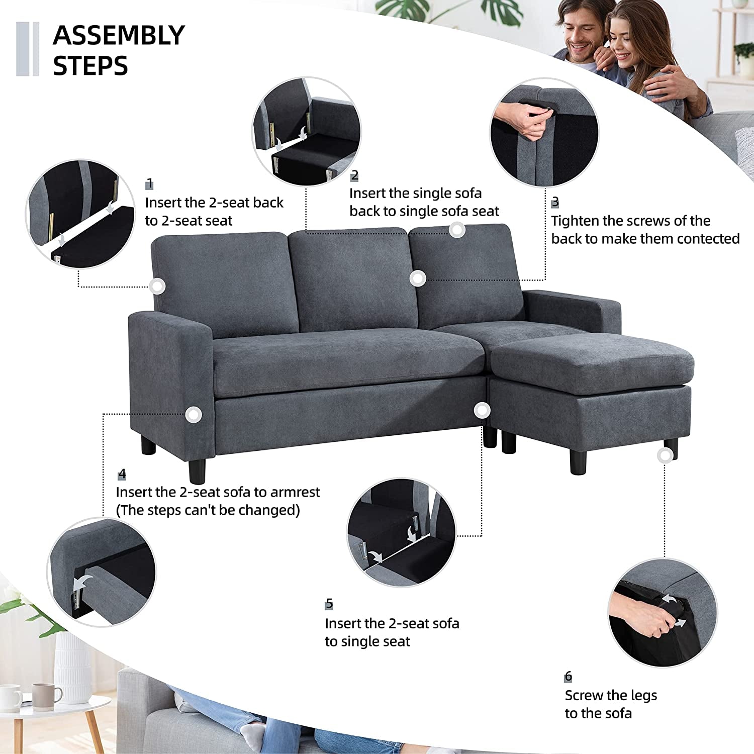 79 Inch Convertible Sectionl Sof Couch, Modern Linen Fbric L-Shped , 3-Set Sof Sectionl with Reversible Chise for Living Room, prtment nd Smll Spce (Drk Grey)