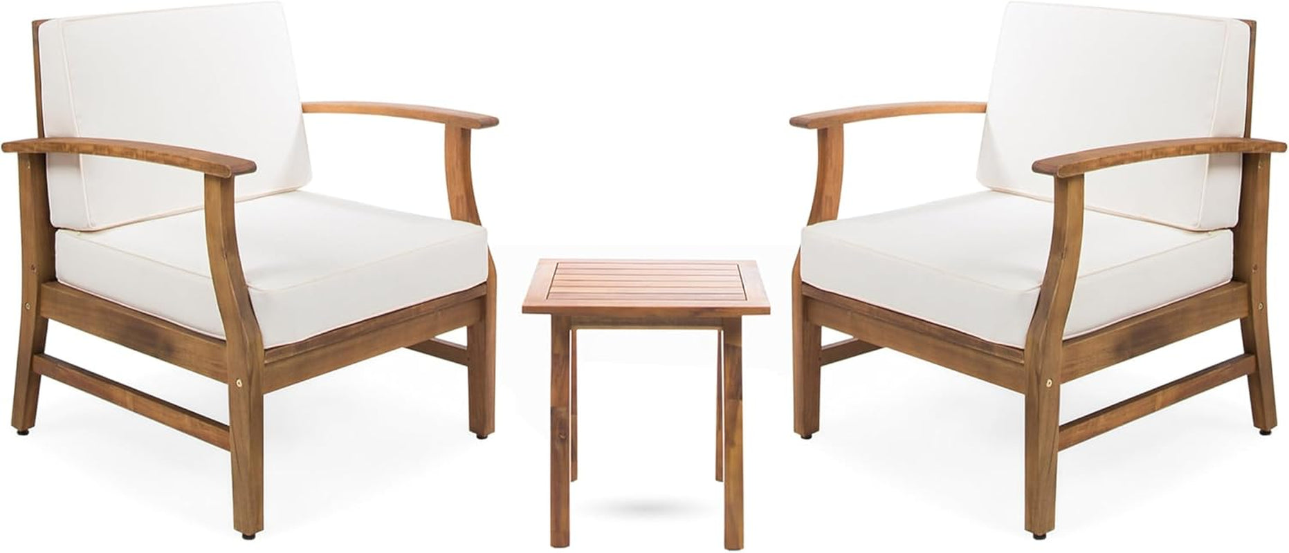 Perla Outdoor 2 Seater Acacia Wood Bistro Set with Cushions, 28.25 "W X 28 "D X 32.75 "H, Teak + Cream