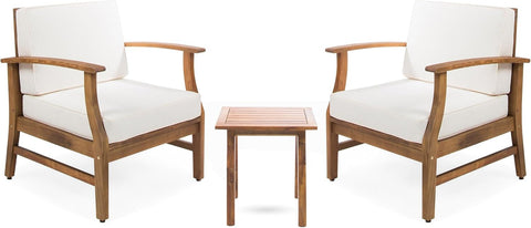 Perla Outdoor 2 Seater Acacia Wood Bistro Set with Cushions, 28.25 "W X 28 "D X 32.75 "H, Teak + Cream