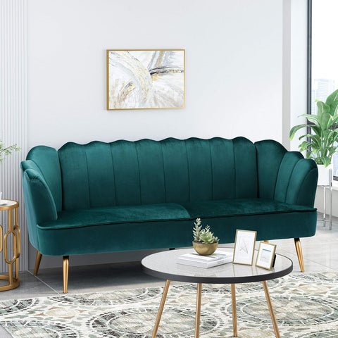 Reitz Channel Stitch 3 Seater Shell Sofa - Velvet - Teal/Gold