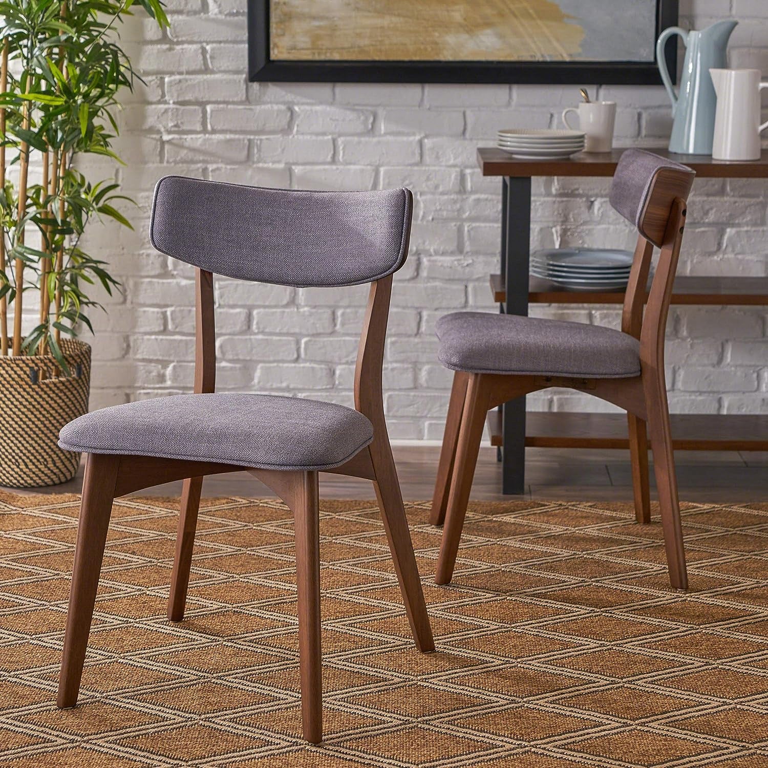 Abrielle Mid-Century Modern Fabric Dining Chairs with Natural Walnut Finished Rubberwood Frame, 2-Pcs Set, Dark Grey / Natural Walnut