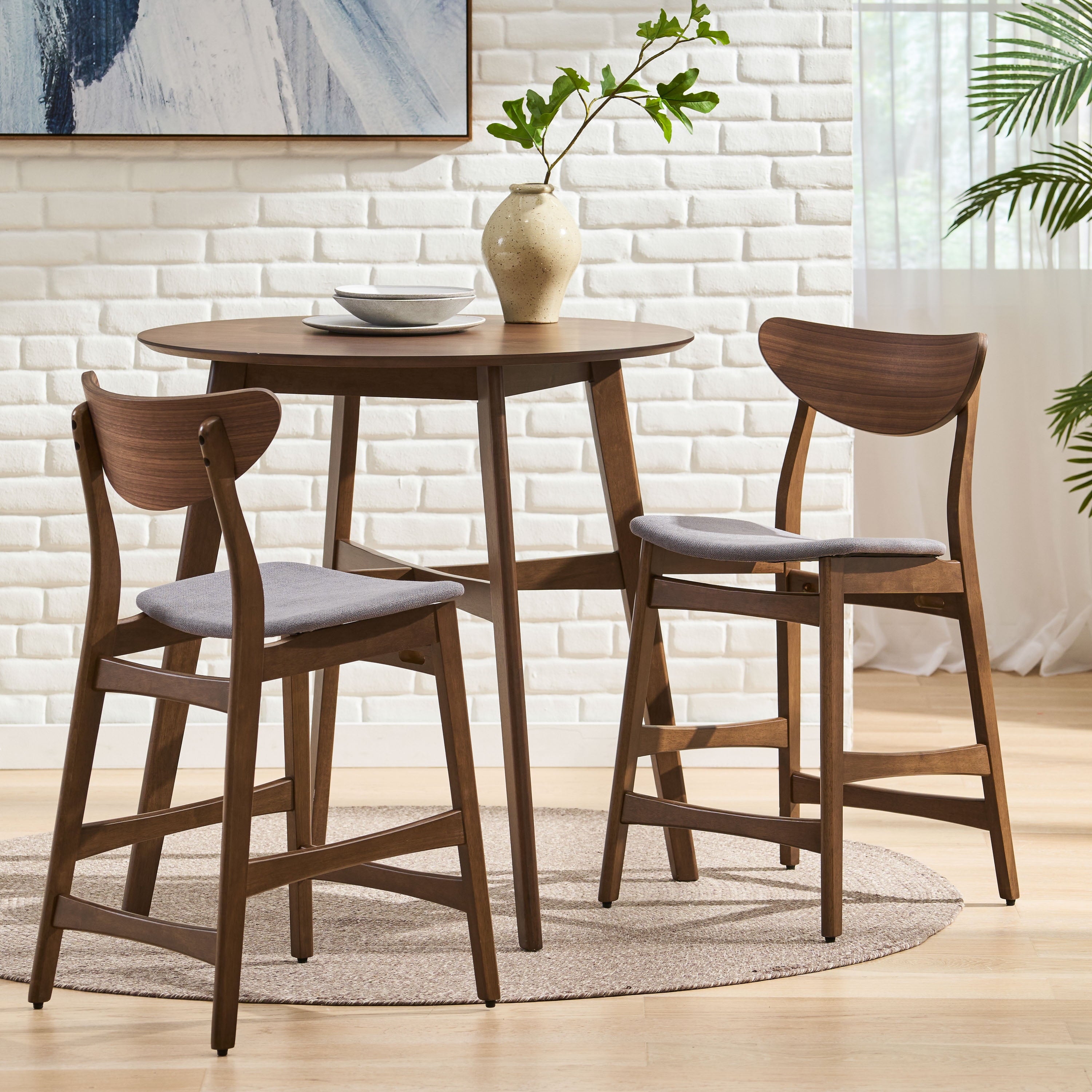 Cedric Mid Century Modern Fabric Upholstered Counter Height 3 Piece Bistro Set, Dark Gray and Walnut