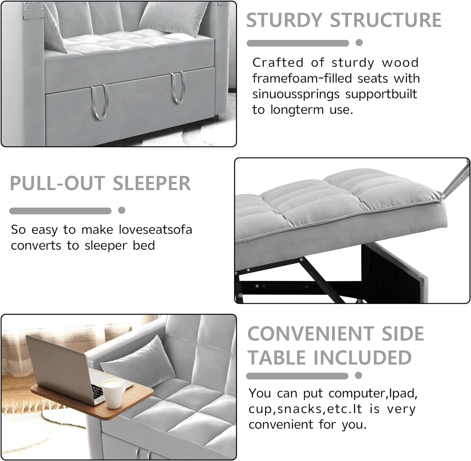 3 in 1 Multi-Functional Convertible Sleeper Sofa Bed, Modern Loveseat Sofa Couch Velvet Pull Out Bed with Reclining Adjustable Backrest &Hidden Table for Apartment Living Room Bedroom,Grey