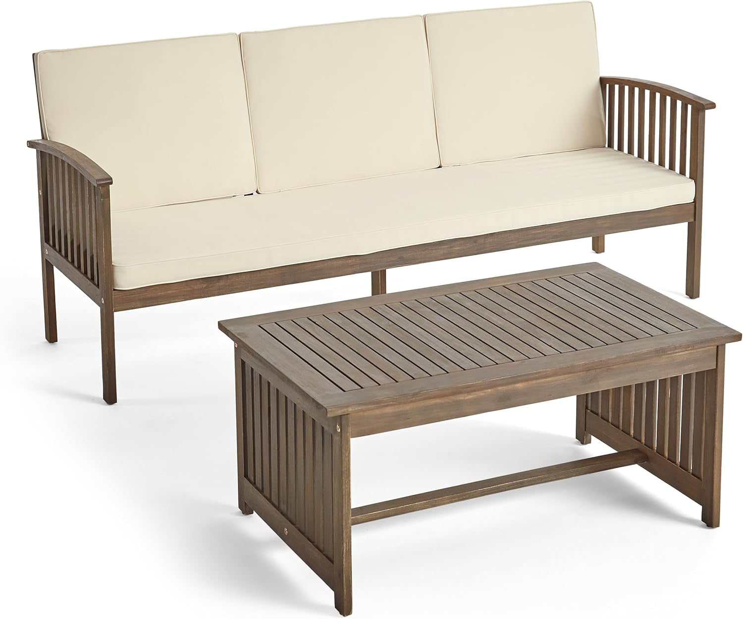 Carolina Outdoor Acacia Wood 2 Piece Conversation Set with 3 Seater Sofa and Coffee Table and Water Resistant, 40 "W X 24 "D X 18.25 "H, Gray + Cream