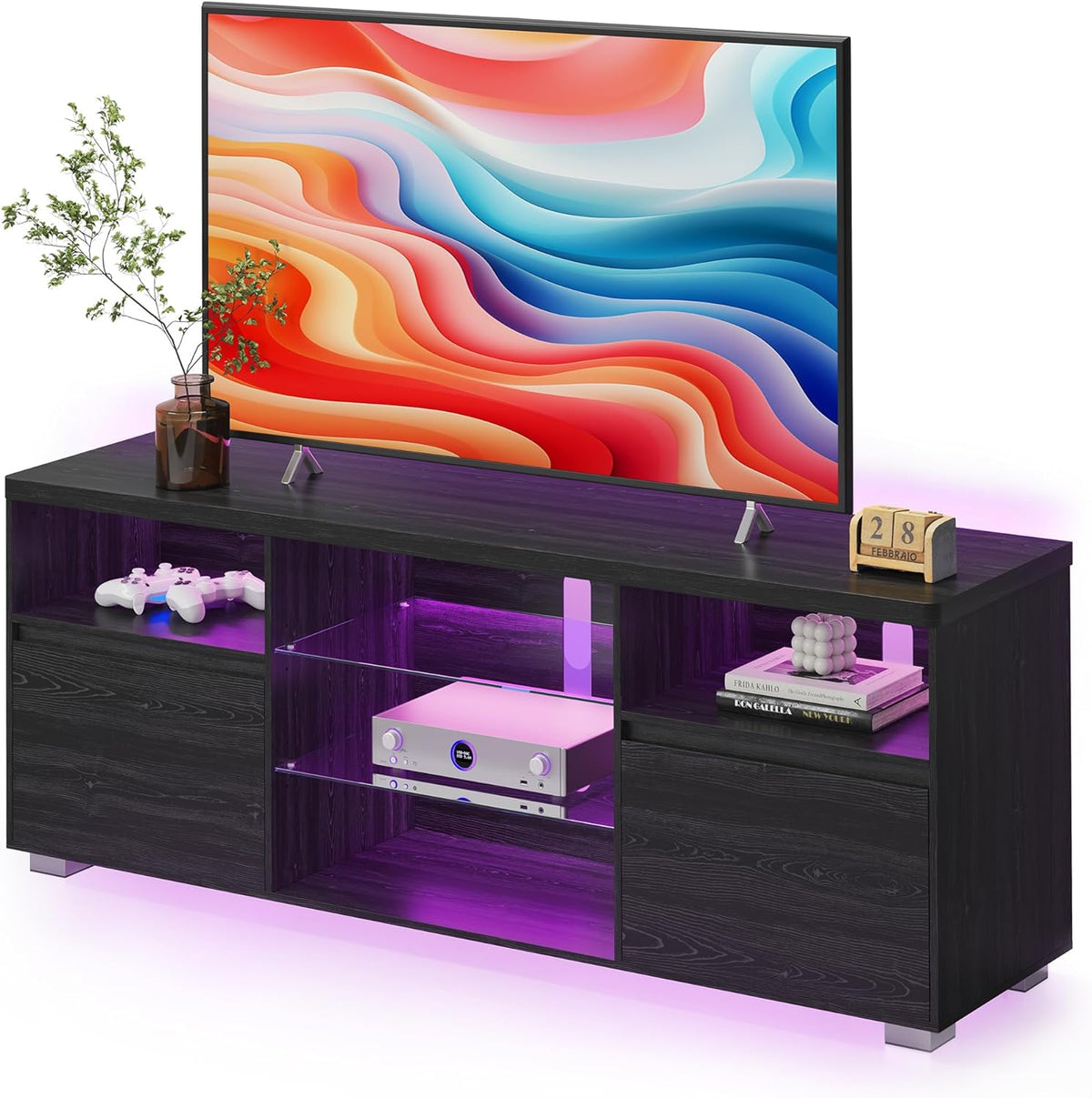 TV Stand with LED Lights for Tvs up to 70 Inch, Entertainment Center with Open Glass Shelves, 2 Cabinets with Doors, 63-Inch Long, TV Console for Bedroom Living Room, Black ULTV330T21