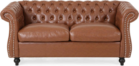 Stephanie Traditional Chesterfield 4 Piece Living Room Set, Cognac Brown, Dark Brown