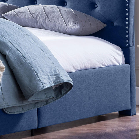 Gentry Queen-Size Bed Frame Fully-Upholstered Button-Tufted Navy Blue