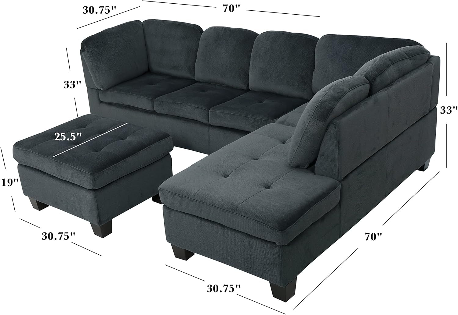 Canterbury Fabric Sectional Set, Charcoal