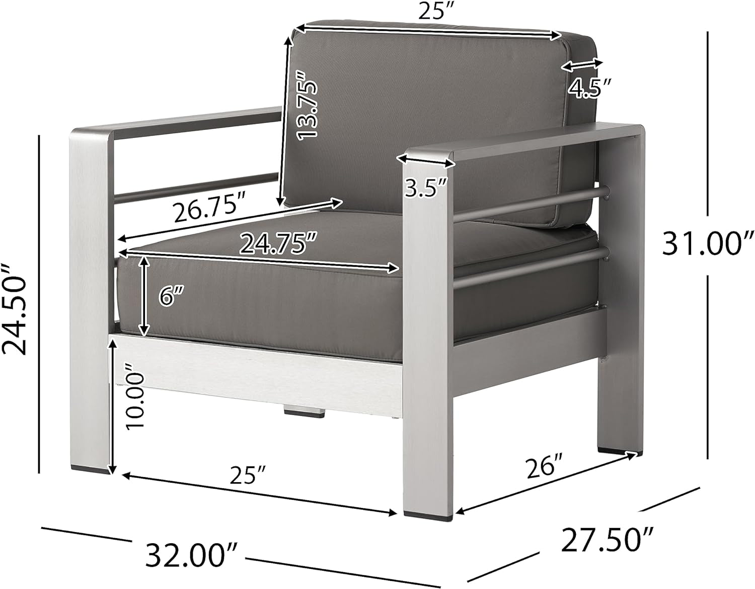 Cape Coral Outdoor 5 Seater Aluminum Sofa Chat Set with 2 Side Tables, 32.00 "W X 27.5 "D X 24.6 "H, Silver + Khaki