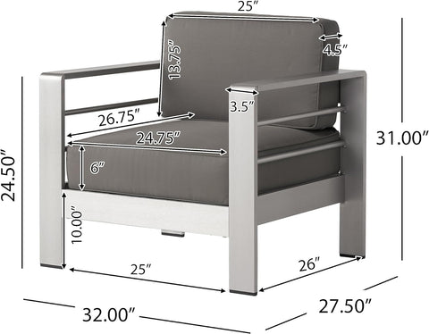 Cape Coral Outdoor 4 Seater Aluminum Chat Set with 2 Side Table, 32.00 "W X 27.5 "D X 24.6 "H, Silver + Khaki