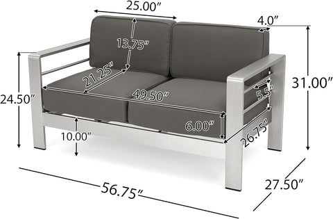 Cape Coral Outdoor 4 Seater Aluminum Chat Set with 2 Side Table, 32.00 "W X 27.5 "D X 24.6 "H, Silver + Khaki