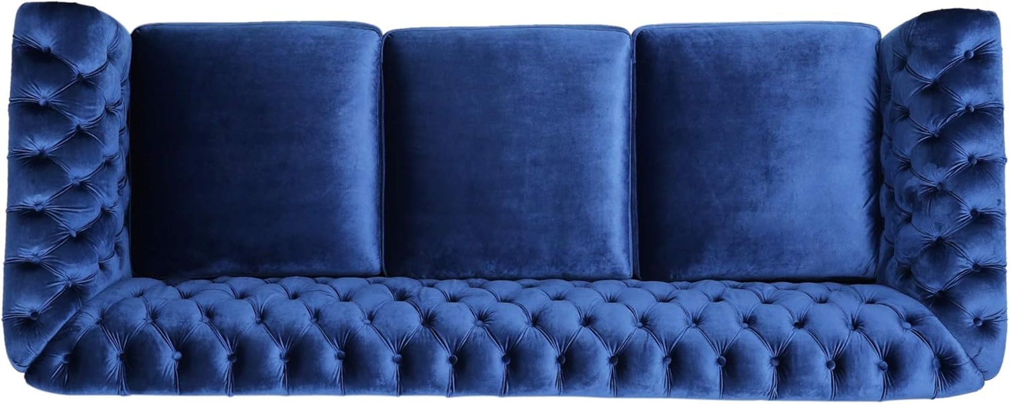 Vita Tufted Microfiber Sofa with Scroll Arms, Navy Blue, Dark Brown