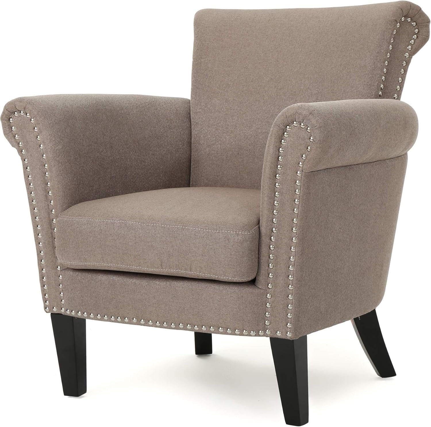 Brice Vintage Scroll Arm Studded Fabric Club Chair, Light Coffee / Dark Brown, 31D X 29.5W X 31.5H In