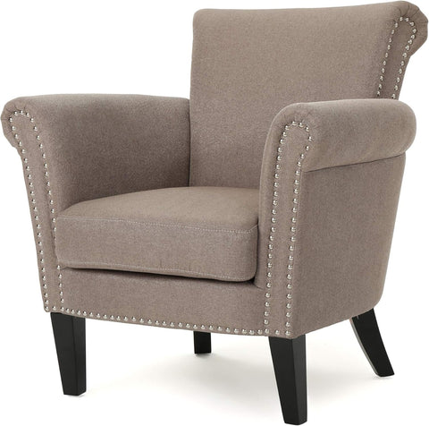 Brice Vintage Scroll Arm Studded Fabric Club Chair, Light Coffee / Dark Brown, 31D X 29.5W X 31.5H In