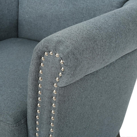 Brice Vintage Scroll Arm Studded Fabric Club Chair, Steel Blue / Dark Brown