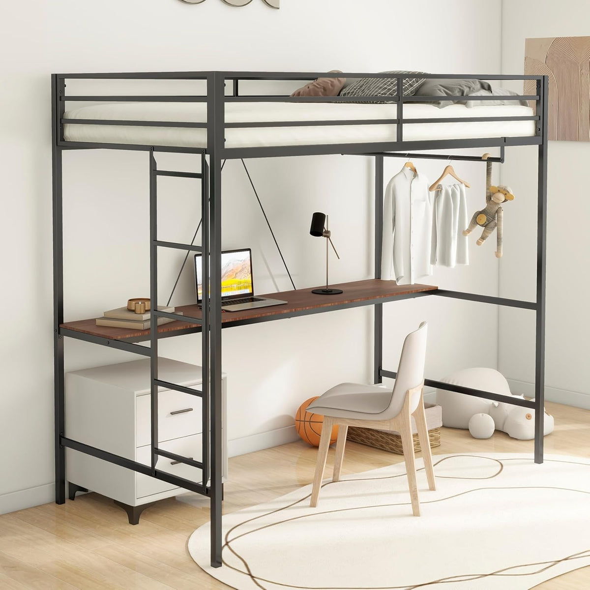 Adam Twin Loft Bunk with Cinnamon Wood Desk and Closet Rod, Black