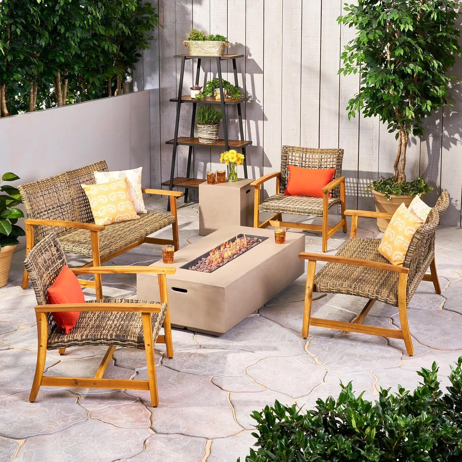 Augusta Outdoor 6 Piece Acacia Wood and Wicker Chat Set with Fire Pit, 52 "W X 31 "D X 31.5 "H, Gray + Natural + Light Gray