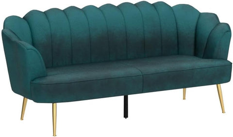 Reitz Channel Stitch 3 Seater Shell Sofa - Velvet - Teal/Gold