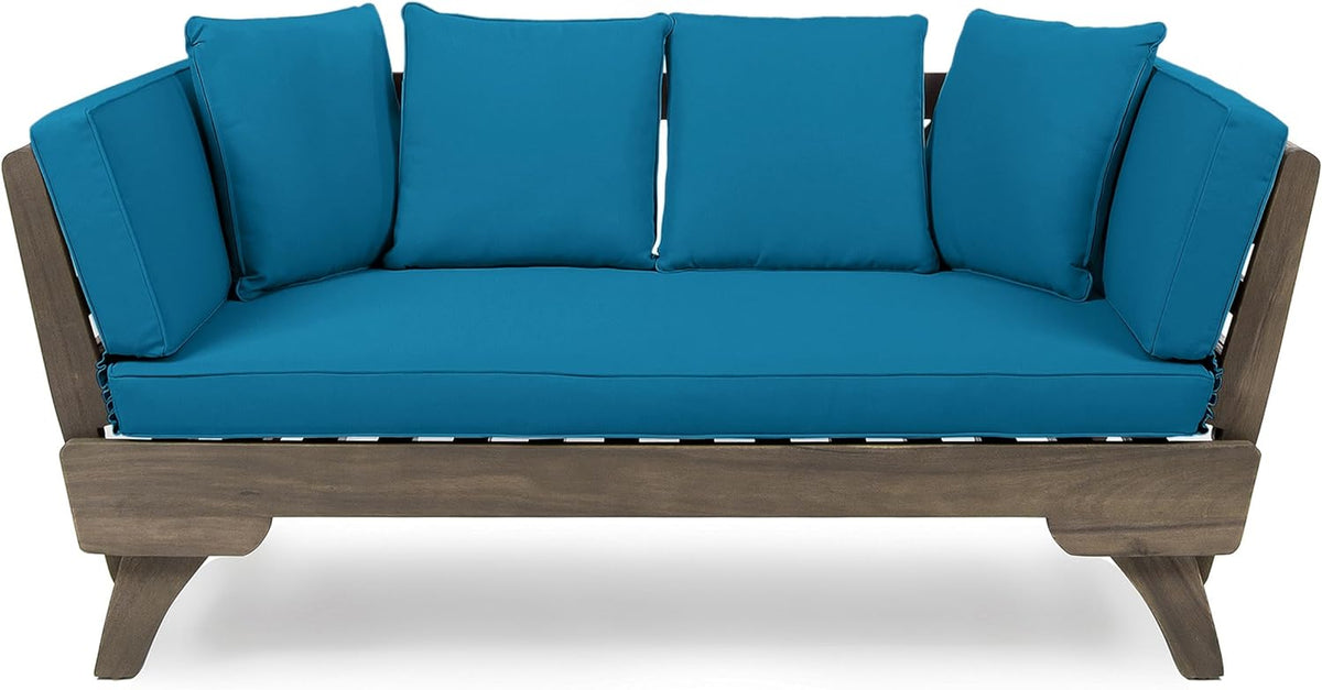 Aldrich Outdoor Acacia Wood Expandable Daybed with Water Resistant Cushions, Dark Teal and Gray